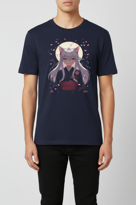 Unisex Anime Kitsune Fox Girl T-Shirt | Sakura Cherry Blossom Tee | Kawaii Aesthetic Shirt | Otaku Gift | Cotton Tee