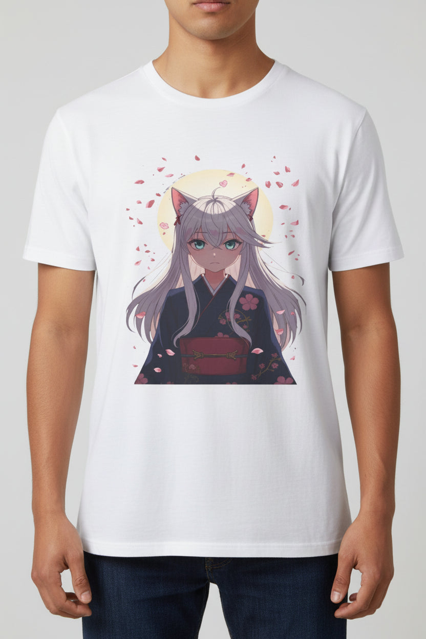 Unisex Anime Kitsune Fox Girl T-Shirt | Sakura Cherry Blossom Tee | Kawaii Aesthetic Shirt | Otaku Gift | Cotton Tee