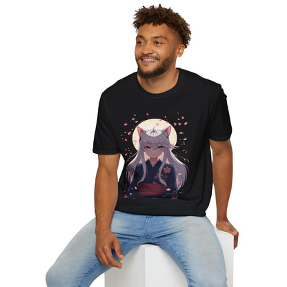 Unisex Anime Kitsune Fox Girl T-Shirt | Sakura Cherry Blossom Tee | Kawaii Aesthetic Shirt | Otaku Gift | Cotton Tee