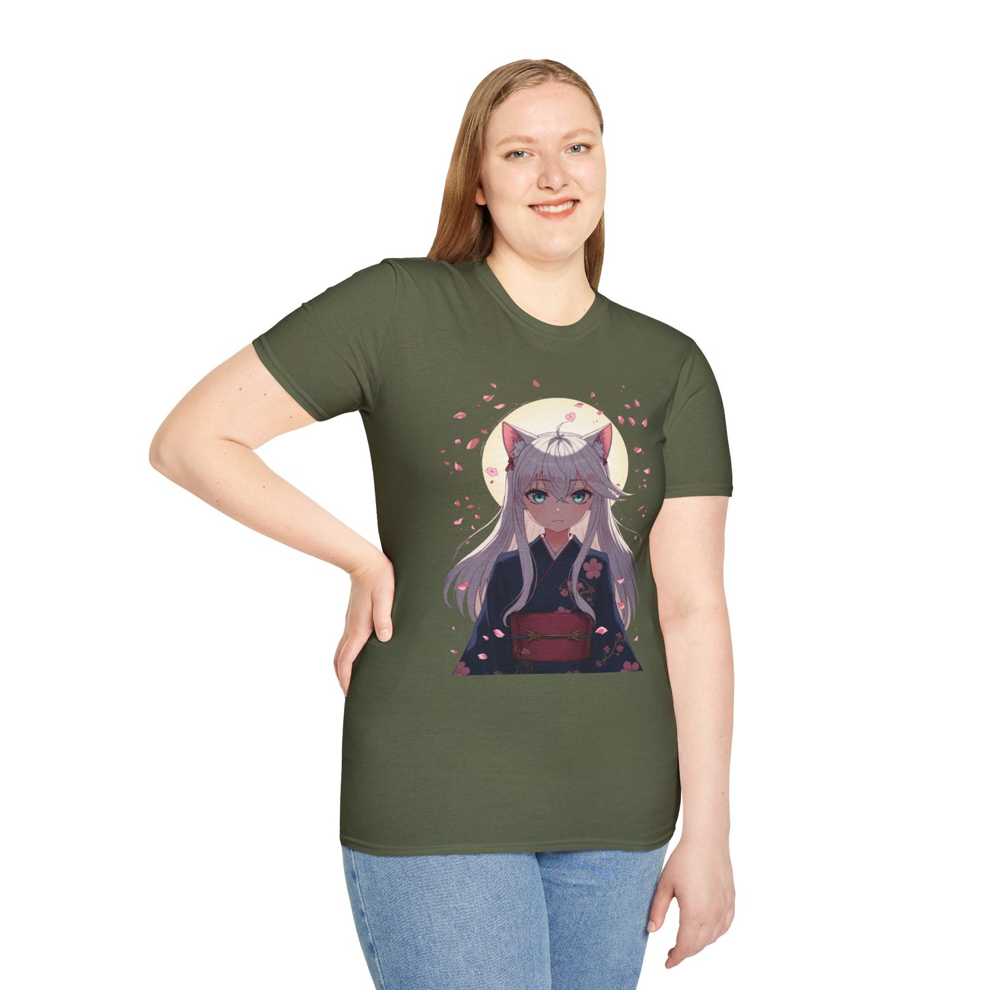 Unisex Anime Kitsune Fox Girl T-Shirt | Sakura Cherry Blossom Tee | Kawaii Aesthetic Shirt | Otaku Gift | Cotton Tee