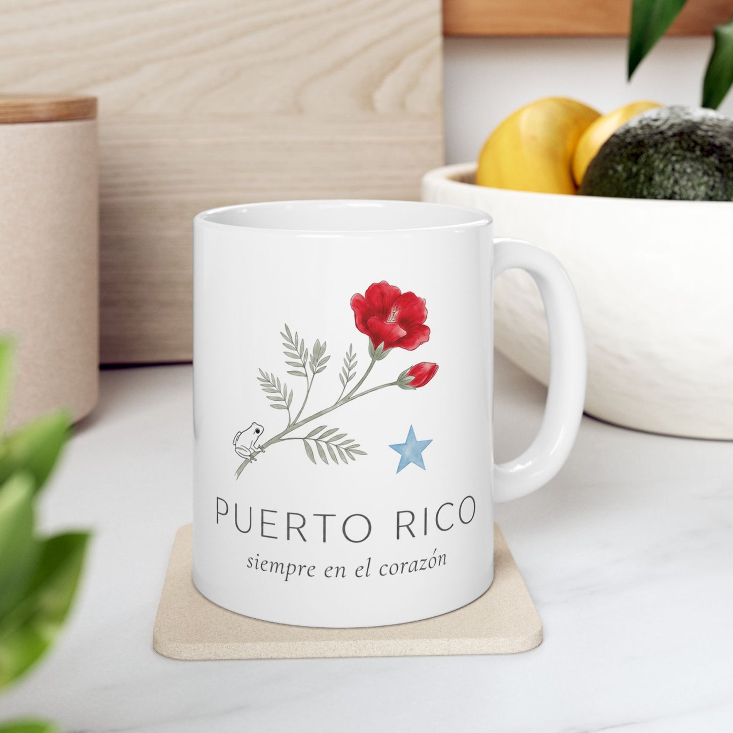 Mug Puerto Rico Siempre en mi Corazón — Taza Cerámica Floral Boricua 11oz