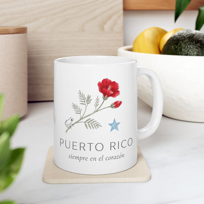 Mug Puerto Rico Siempre en mi Corazón — Taza Cerámica Floral Boricua 11oz