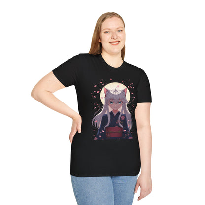 Unisex Anime Kitsune Fox Girl T-Shirt | Sakura Cherry Blossom Tee | Kawaii Aesthetic Shirt | Otaku Gift | Cotton Tee
