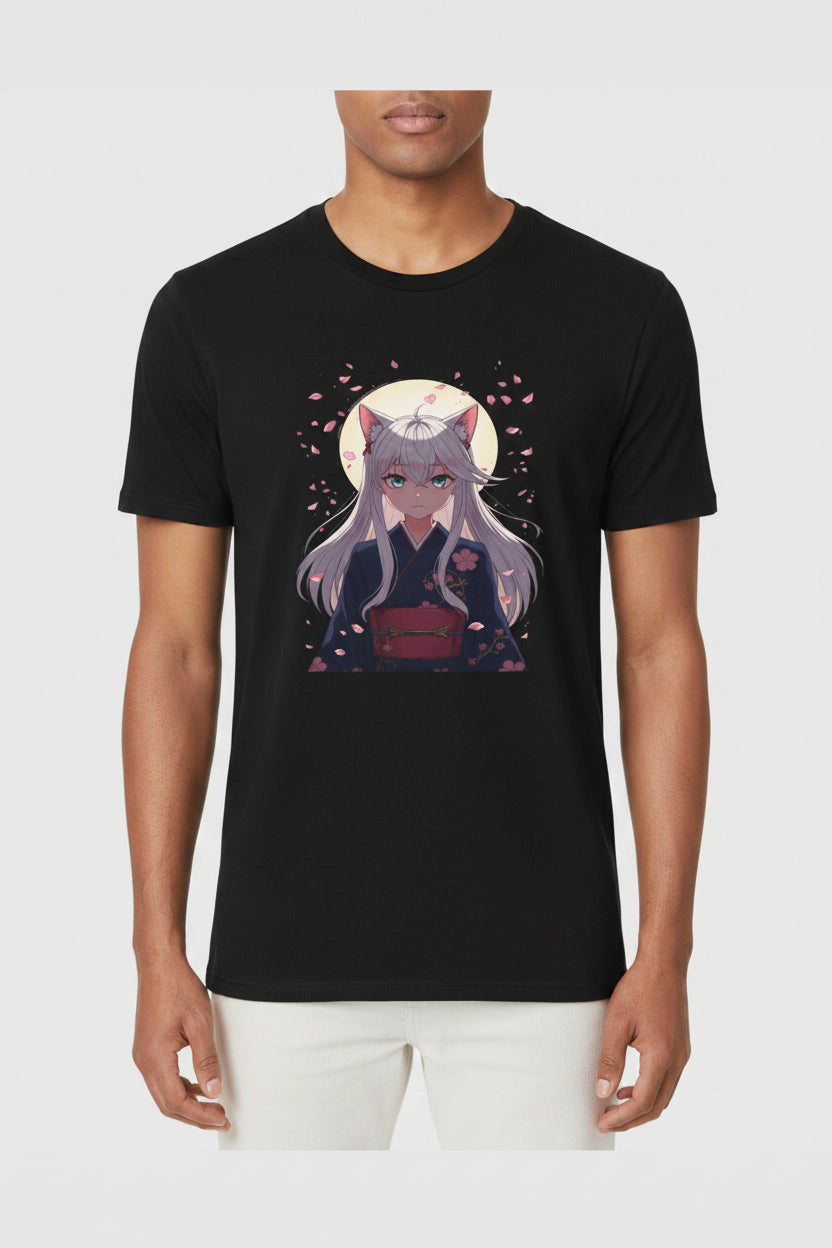 Unisex Anime Kitsune Fox Girl T-Shirt | Sakura Cherry Blossom Tee | Kawaii Aesthetic Shirt | Otaku Gift | Cotton Tee