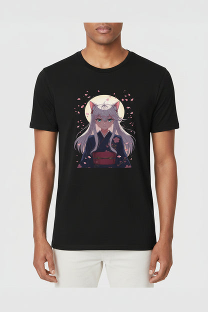 Unisex Anime Kitsune Fox Girl T-Shirt | Sakura Cherry Blossom Tee | Kawaii Aesthetic Shirt | Otaku Gift | Cotton Tee