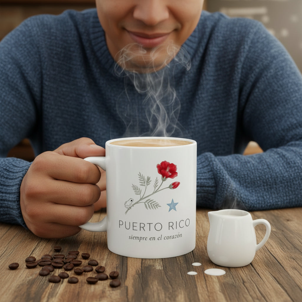 Mug Puerto Rico Siempre en mi Corazón — Taza Cerámica Floral Boricua 11oz