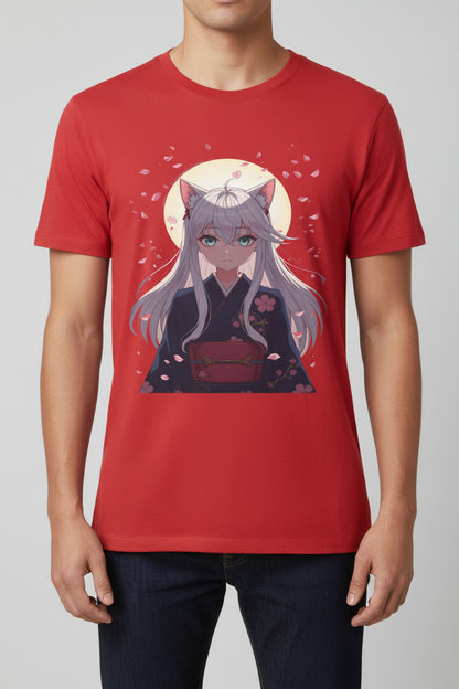 Unisex Anime Kitsune Fox Girl T-Shirt | Sakura Cherry Blossom Tee | Kawaii Aesthetic Shirt | Otaku Gift | Cotton Tee