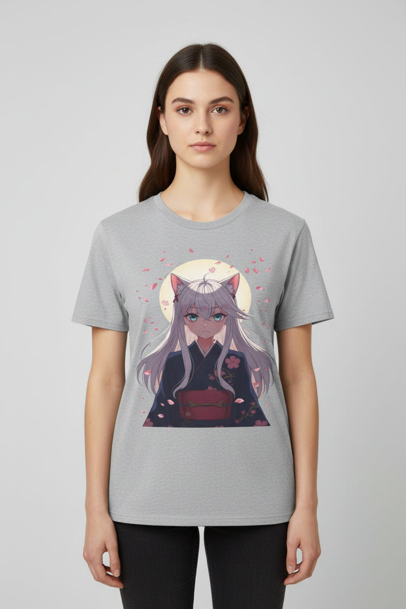 Unisex Anime Kitsune Fox Girl T-Shirt | Sakura Cherry Blossom Tee | Kawaii Aesthetic Shirt | Otaku Gift | Cotton Tee