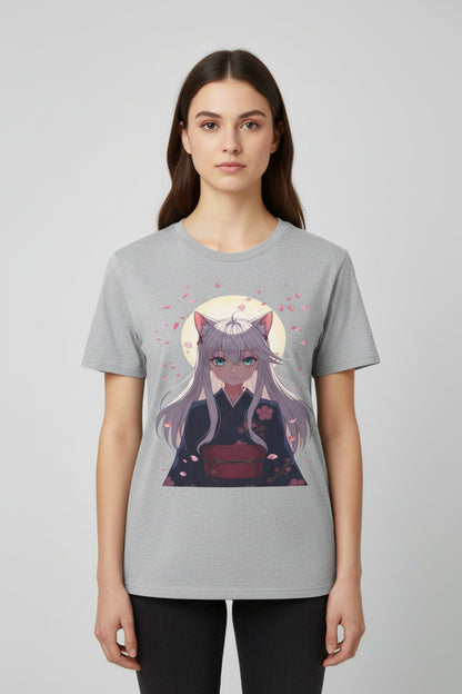 Unisex Anime Kitsune Fox Girl T-Shirt | Sakura Cherry Blossom Tee | Kawaii Aesthetic Shirt | Otaku Gift | Cotton Tee