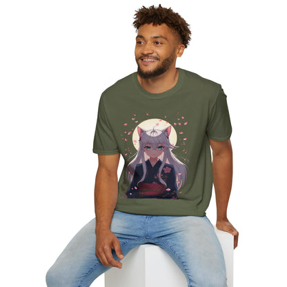 Unisex Anime Kitsune Fox Girl T-Shirt | Sakura Cherry Blossom Tee | Kawaii Aesthetic Shirt | Otaku Gift | Cotton Tee