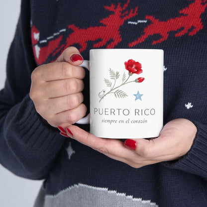Mug Puerto Rico Siempre en mi Corazón — Taza Cerámica Floral Boricua 11oz